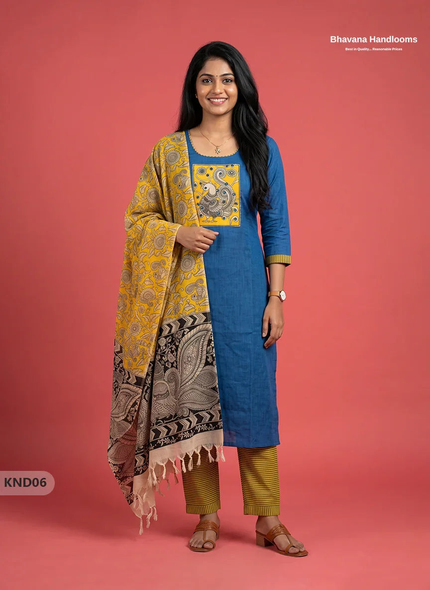 Kalamkari Patch Work 3PC Kurti Set in Peacock Blue with Kalamkari Dupatta | Full Length Lining | Ready-to-Wear Ethnic Wear