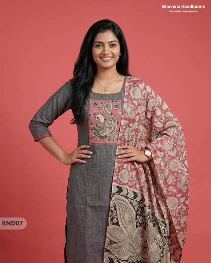 Kalamkari Patch Work 3PC Kurti Set in Charcoal Grey with Kalamkari Dupatta | Full Length Lining | Ready-to-Wear Ethnic Wear