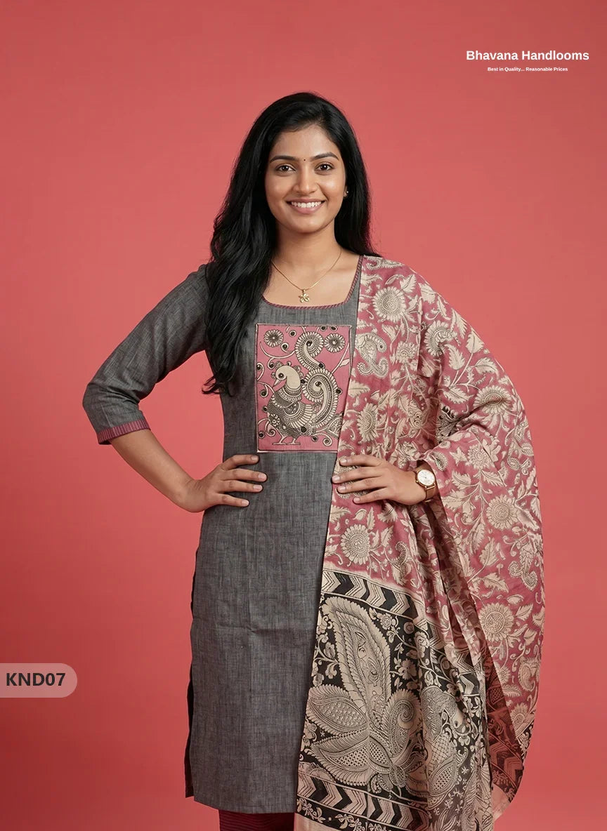 Kalamkari Patch Work 3PC Kurti Set in Charcoal Grey with Kalamkari Dupatta | Full Length Lining | Ready-to-Wear Ethnic Wear