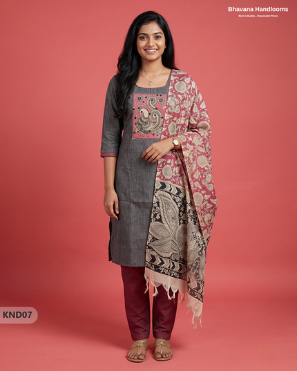Kalamkari Patch Work 3PC Kurti Set in Charcoal Grey with Kalamkari Dupatta | Full Length Lining | Ready-to-Wear Ethnic Wear
