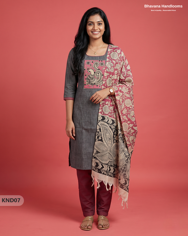 Kalamkari Patch Work 3PC Kurti Set in Charcoal Grey with Kalamkari Dupatta | Full Length Lining | Ready-to-Wear Ethnic Wear