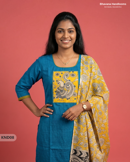 Kalamkari Patch Work 3PC Kurti Set in Peacock Turquoise with Kalamkari Dupatta | Full Length Lining | Ready-to-Wear Ethnic Wear