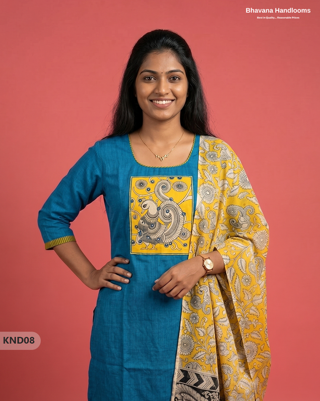 Kalamkari Patch Work 3PC Kurti Set in Peacock Turquoise with Kalamkari Dupatta | Full Length Lining | Ready-to-Wear Ethnic Wear