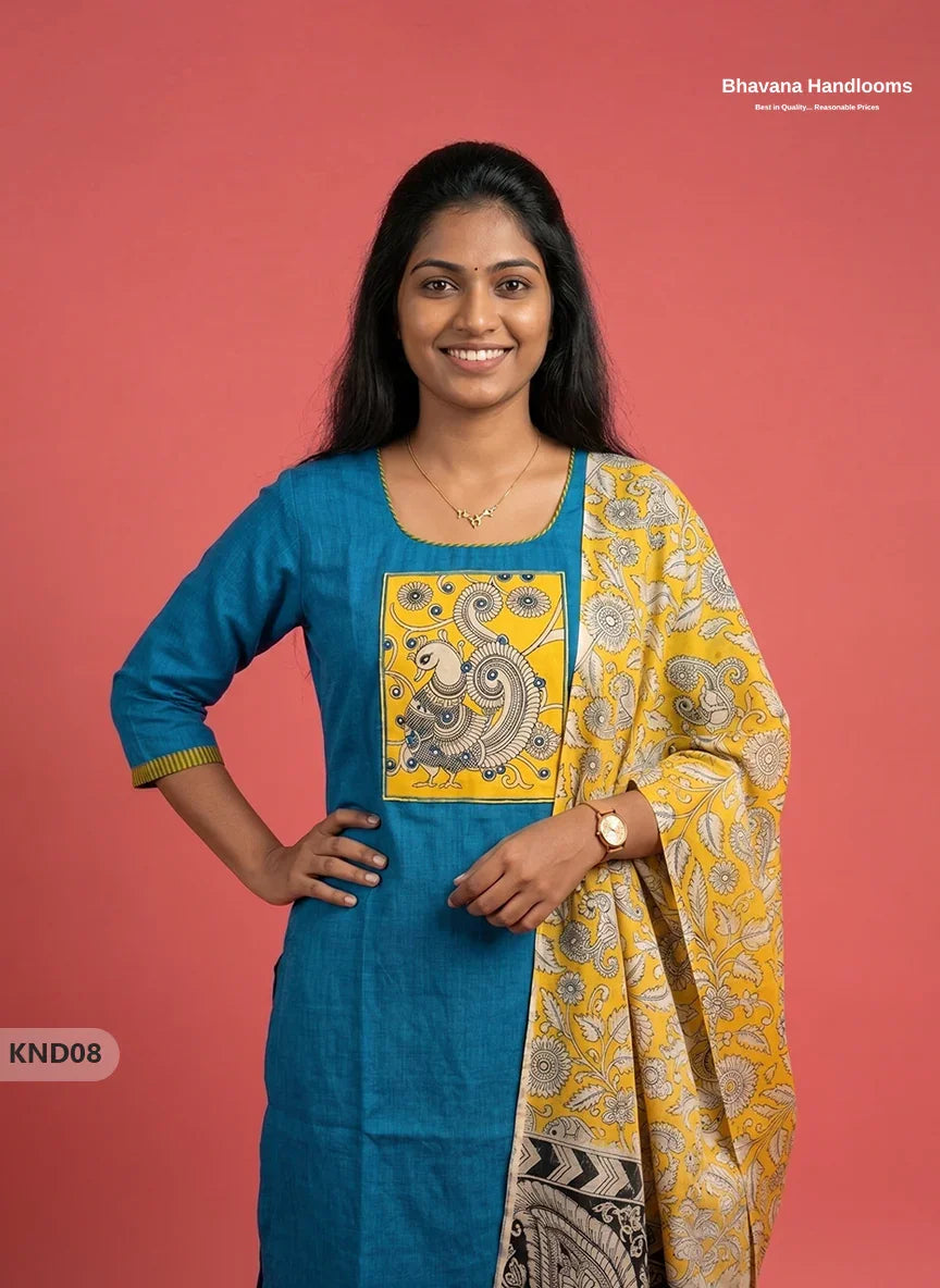Kalamkari Patch Work 3PC Kurti Set in Peacock Turquoise with Kalamkari Dupatta | Full Length Lining | Ready-to-Wear Ethnic Wear