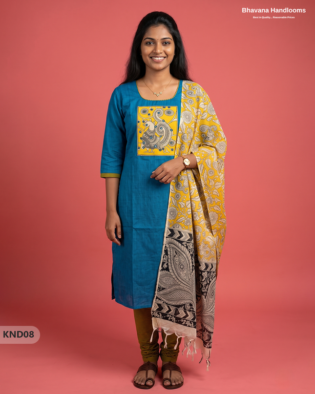 Kalamkari Patch Work 3PC Kurti Set in Peacock Turquoise with Kalamkari Dupatta | Full Length Lining | Ready-to-Wear Ethnic Wear