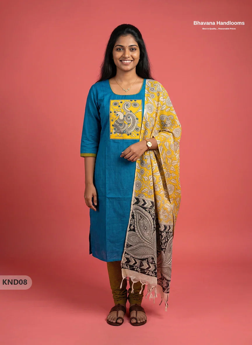 Kalamkari Patch Work 3PC Kurti Set in Peacock Turquoise with Kalamkari Dupatta | Full Length Lining | Ready-to-Wear Ethnic Wear