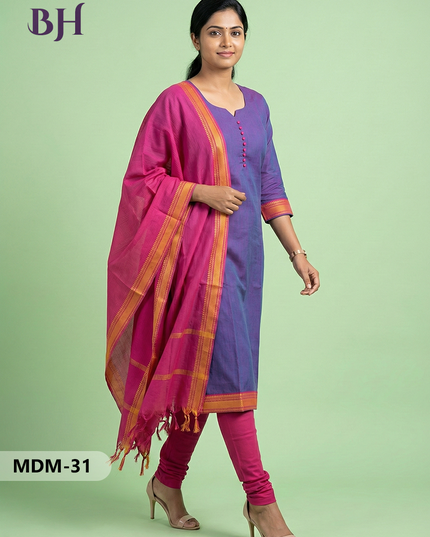 Mangalagiri Cotton 3PC Set – Bluish Purple | Full-Length Lining | Handloom Ethnic Wear