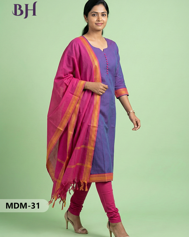 Mangalagiri Cotton 3PC Set – Bluish Purple | Full-Length Lining | Handloom Ethnic Wear