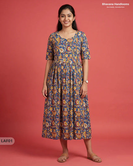 Feeding Frock with Kalamkari Design – Blue Color | Invisible Zips | Half Lining Maternity Wear