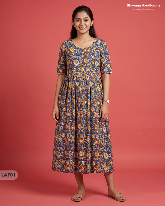 Feeding Frock with Kalamkari Design – Blue Color | Invisible Zips | Half Lining Maternity Wear