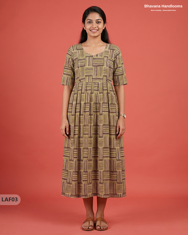 Feeding Frock with Kalamkari Design – Beige Color | Invisible Zips | Half Lining Maternity Wearb