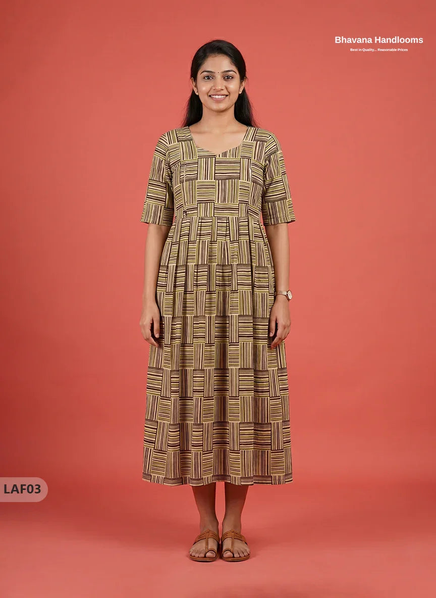 Feeding Frock with Kalamkari Design – Beige Color | Invisible Zips | Half Lining Maternity Wearb