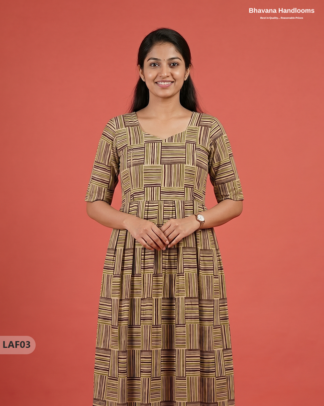 Feeding Frock with Kalamkari Design – Beige Color | Invisible Zips | Half Lining Maternity Wearb
