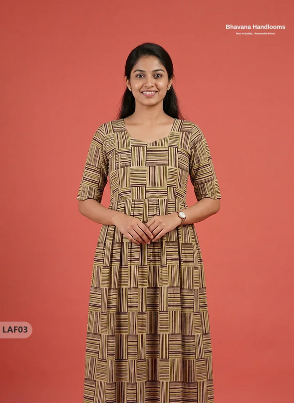Feeding Frock with Kalamkari Design – Beige Color | Invisible Zips | Half Lining Maternity Wearb