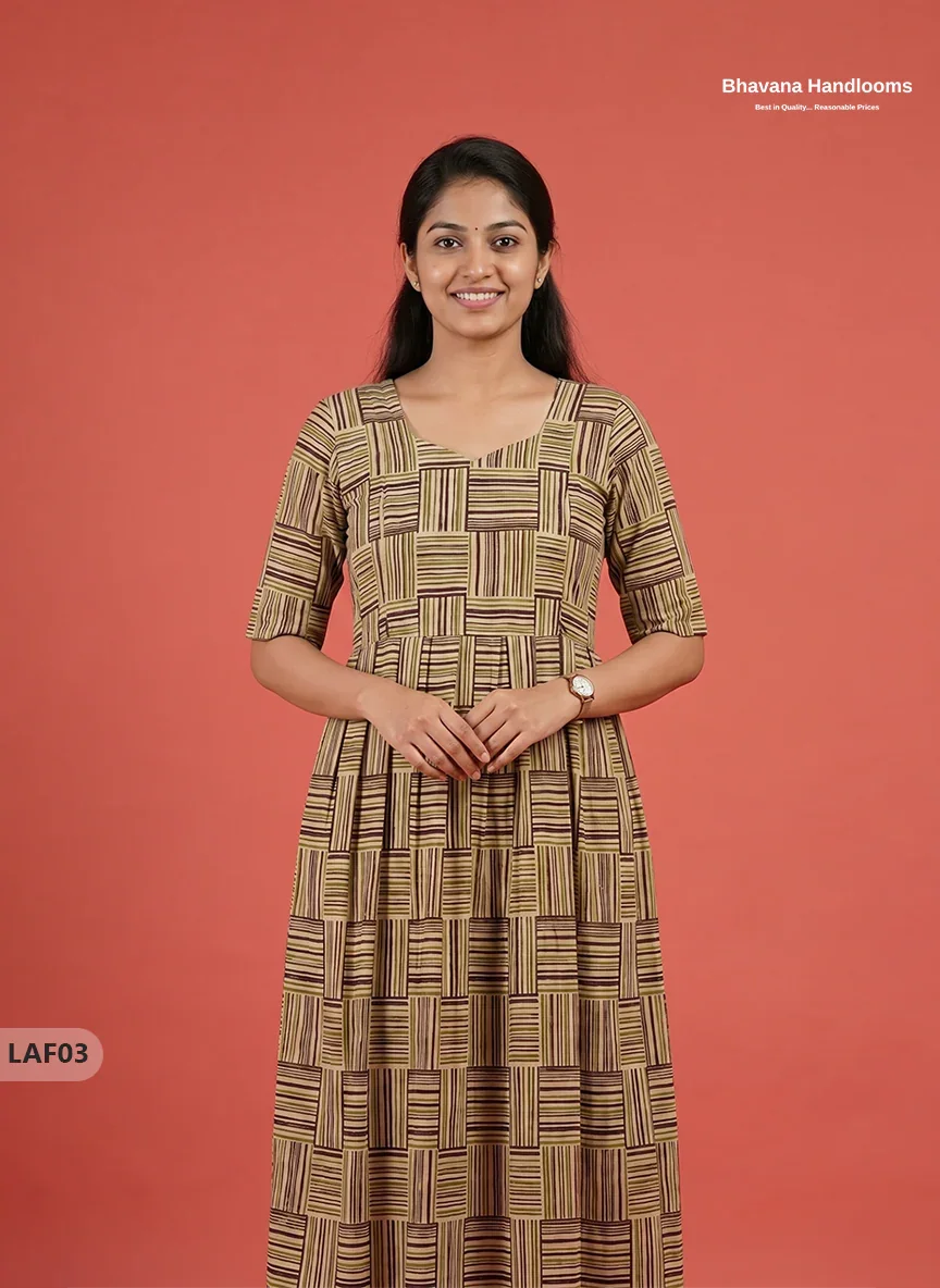 Feeding Frock with Kalamkari Design – Beige Color | Invisible Zips | Half Lining Maternity Wearb