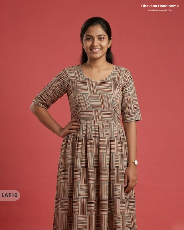 Feeding Frock with Kalamkari Design – Beige Color | Invisible Zips | Half Lining Maternity Wearb
