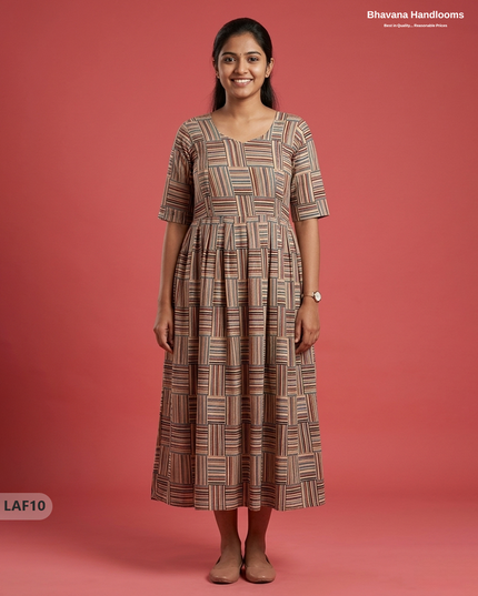Feeding Frock with Kalamkari Design – Beige Color | Invisible Zips | Half Lining Maternity Wearb