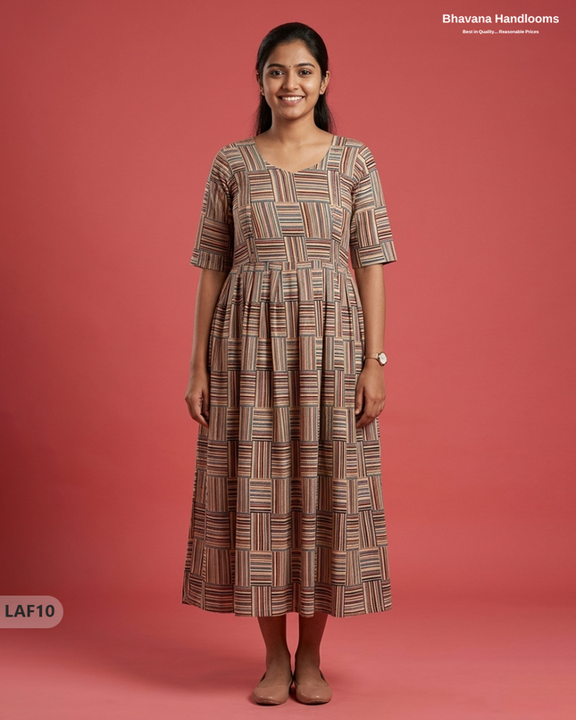 Feeding Frock with Kalamkari Design – Beige Color | Invisible Zips | Half Lining Maternity Wearb