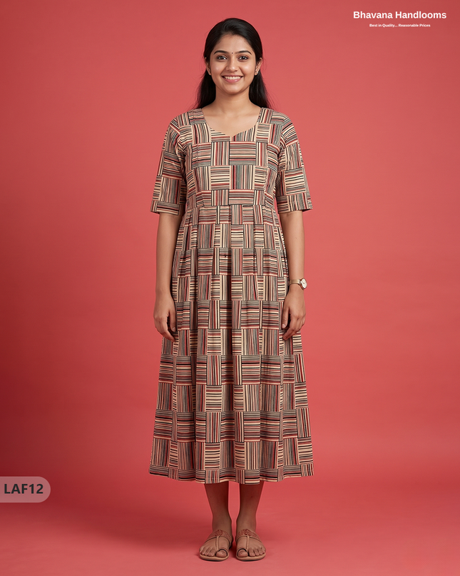 Feeding Frock with Kalamkari Design – Beige Color | Invisible Zips | Half Lining Maternity Wearb