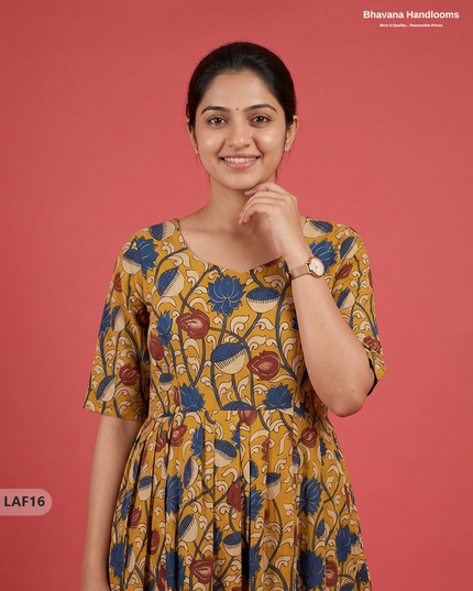 Feeding Frock with Kalamkari Design – Yellow Color | Invisible Zips | Half Lining Maternity Wearb