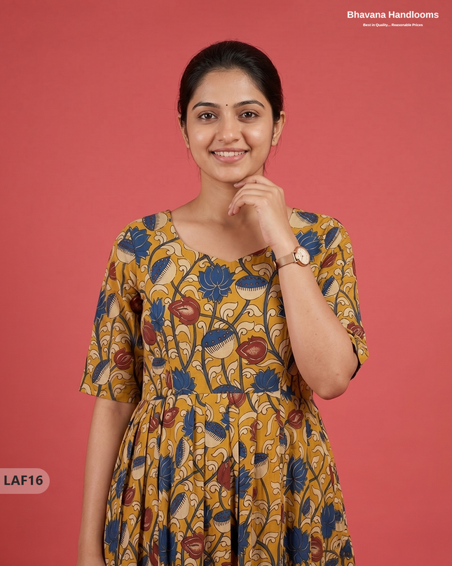 Feeding Frock with Kalamkari Design – Yellow Color | Invisible Zips | Half Lining Maternity Wearb