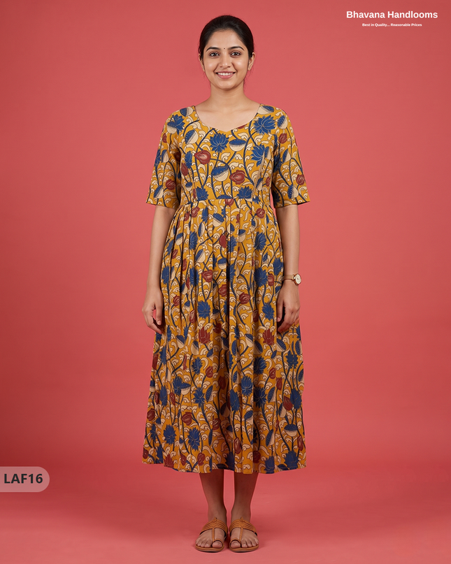 Feeding Frock with Kalamkari Design – Yellow Color | Invisible Zips | Half Lining Maternity Wearb