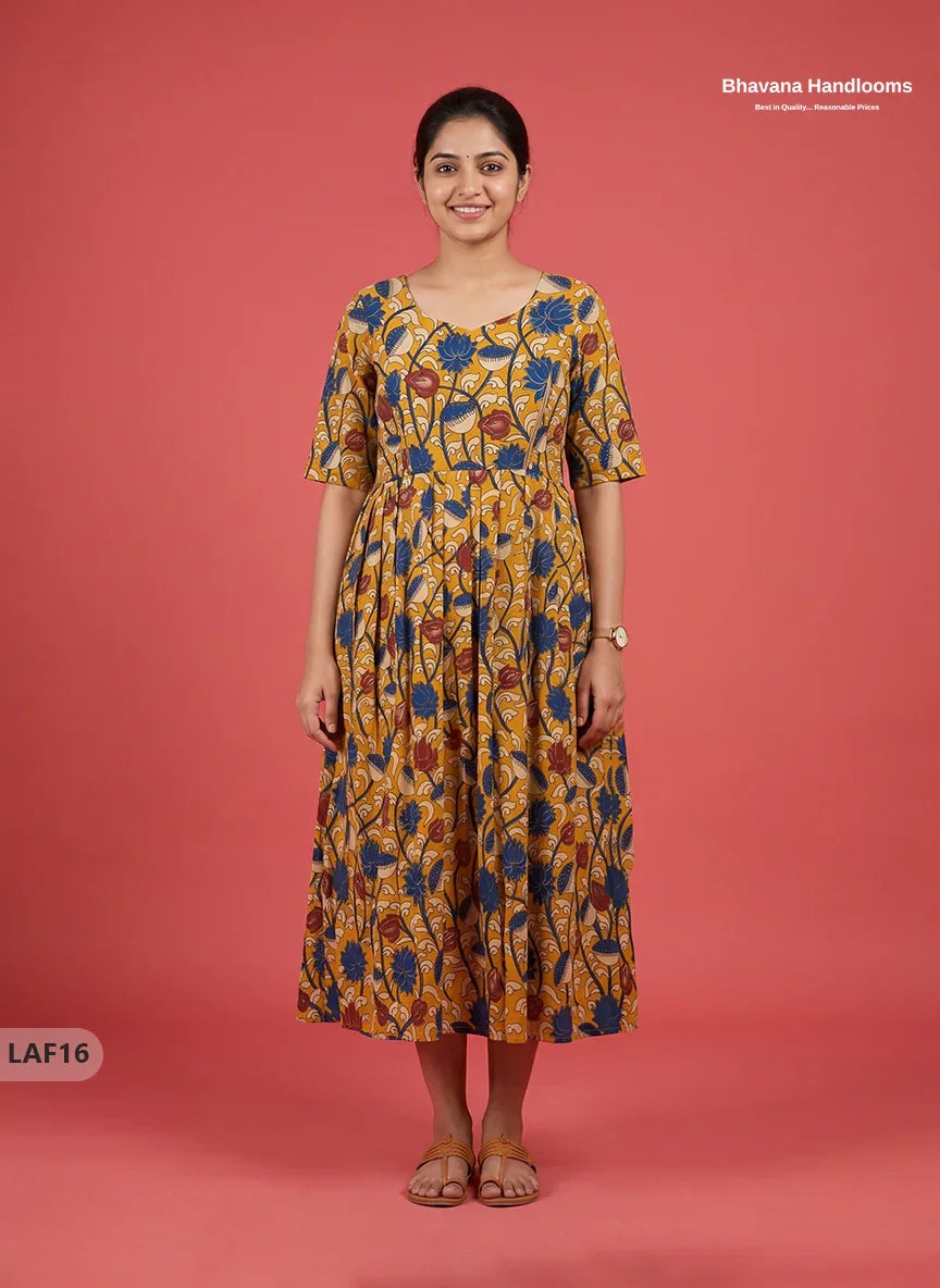 Feeding Frock with Kalamkari Design – Yellow Color | Invisible Zips | Half Lining Maternity Wearb