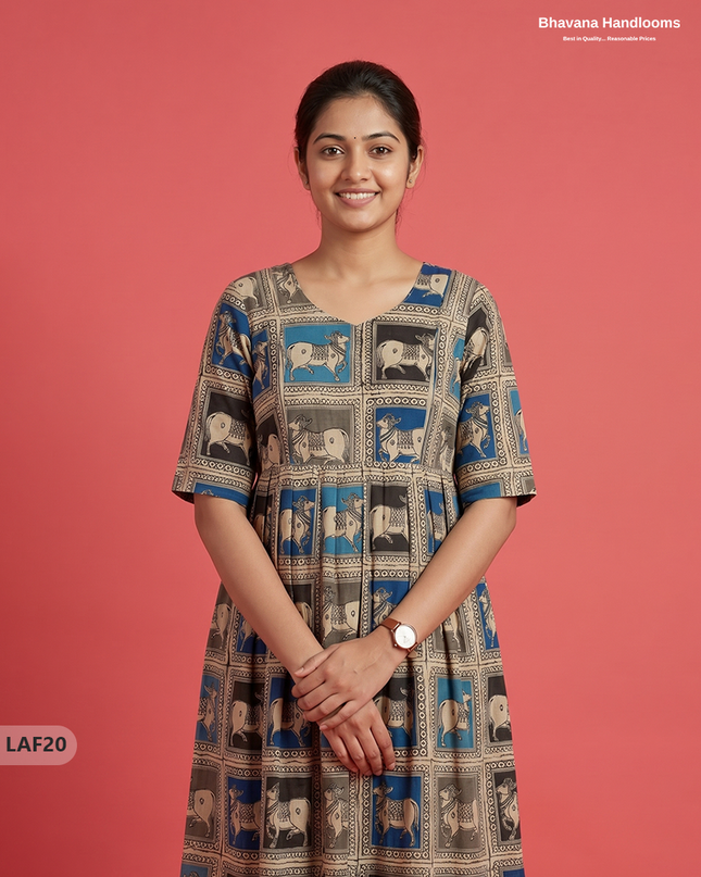 Feeding Frock with Kalamkari Design – Beige Color | Invisible Zips | Half Lining Maternity Wearb