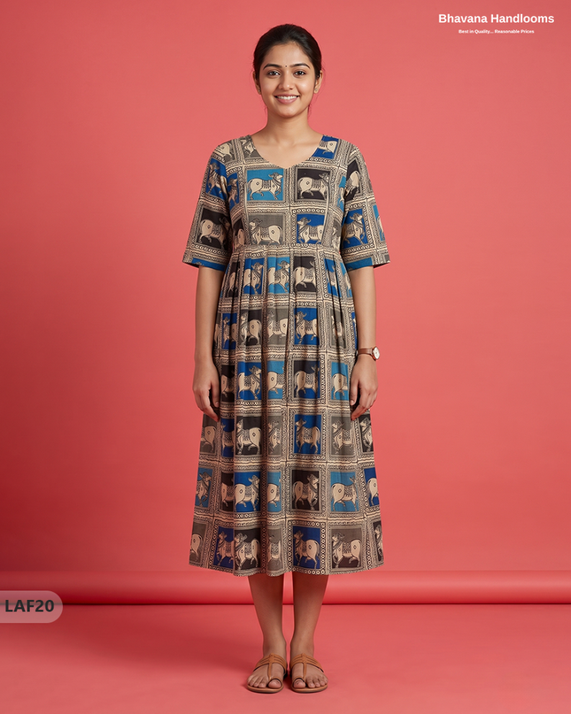 Feeding Frock with Kalamkari Design – Beige Color | Invisible Zips | Half Lining Maternity Wearb