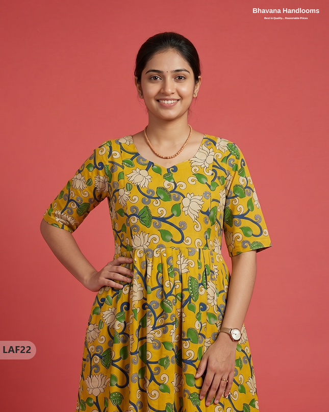 Feeding Frock with Kalamkari Design – Yellow Color | Invisible Zips | Half Lining Maternity Wearb