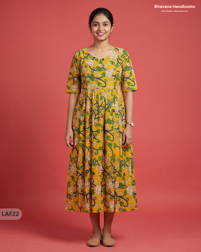 Feeding Frock with Kalamkari Design – Yellow Color | Invisible Zips | Half Lining Maternity Wearb