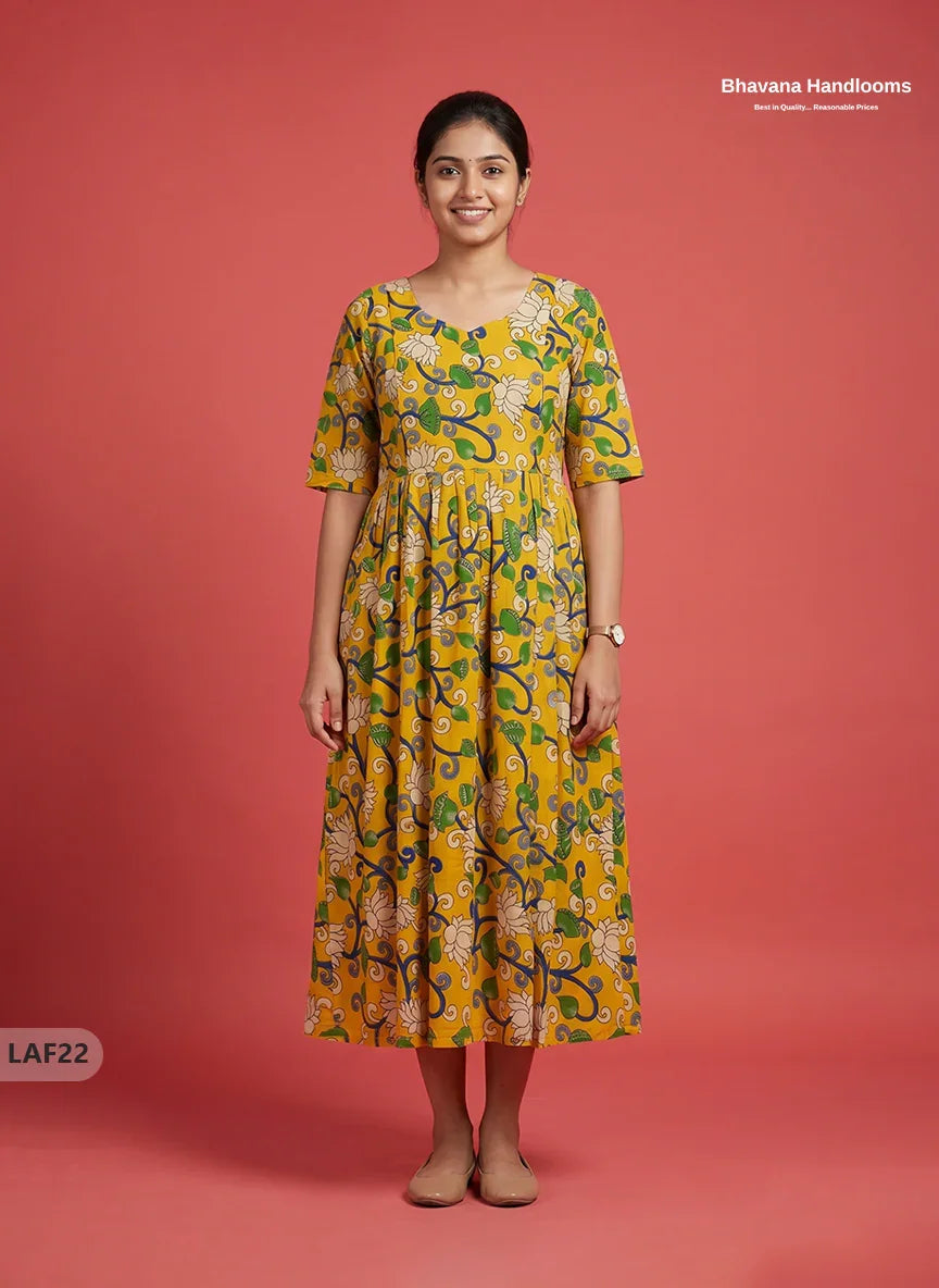 Feeding Frock with Kalamkari Design – Yellow Color | Invisible Zips | Half Lining Maternity Wearb