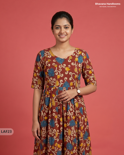 Feeding Frock with Kalamkari Design – Red Color | Invisible Zips | Half Lining Maternity Wearb