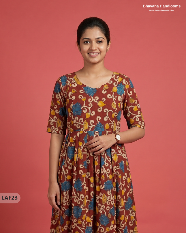 Feeding Frock with Kalamkari Design – Red Color | Invisible Zips | Half Lining Maternity Wearb