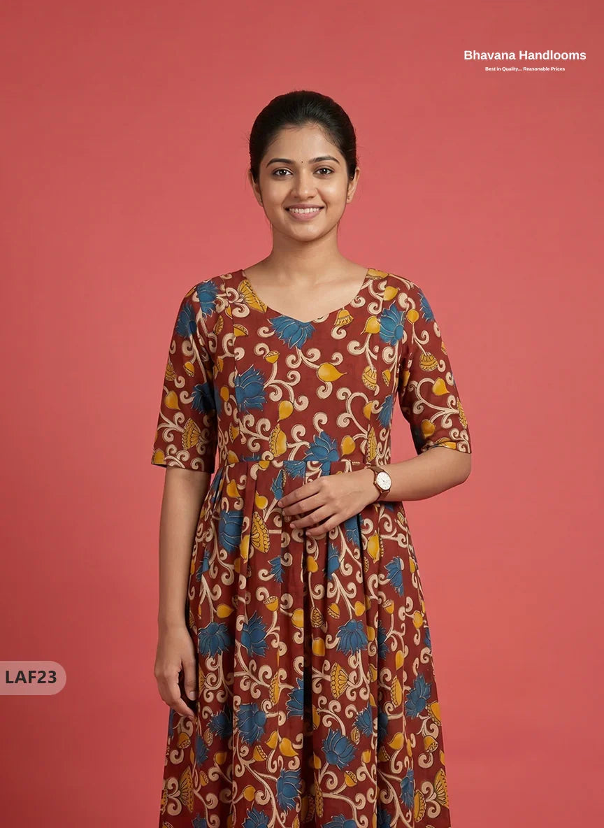 Feeding Frock with Kalamkari Design – Red Color | Invisible Zips | Half Lining Maternity Wearb