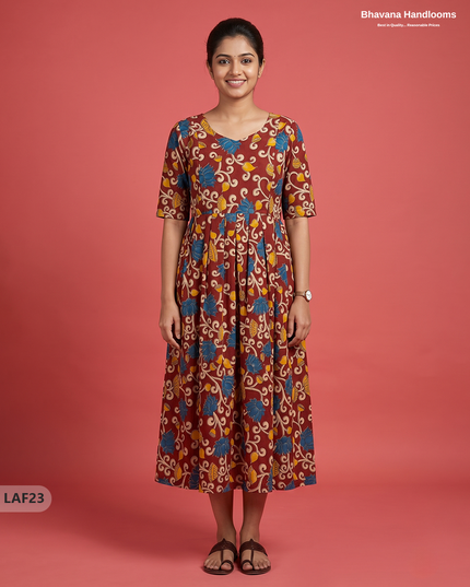 Feeding Frock with Kalamkari Design – Red Color | Invisible Zips | Half Lining Maternity Wearb
