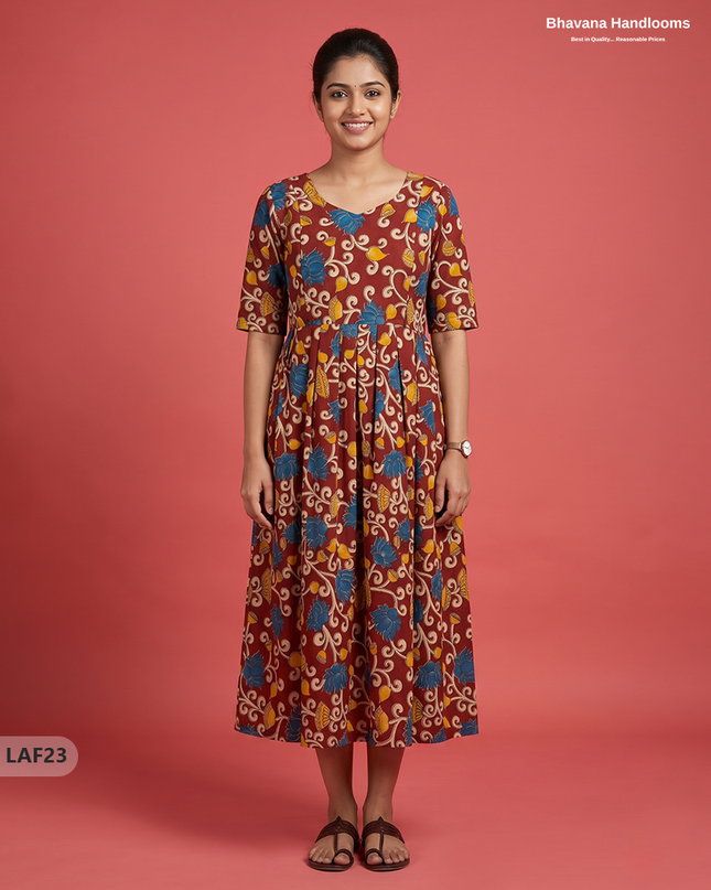 Feeding Frock with Kalamkari Design – Red Color | Invisible Zips | Half Lining Maternity Wearb