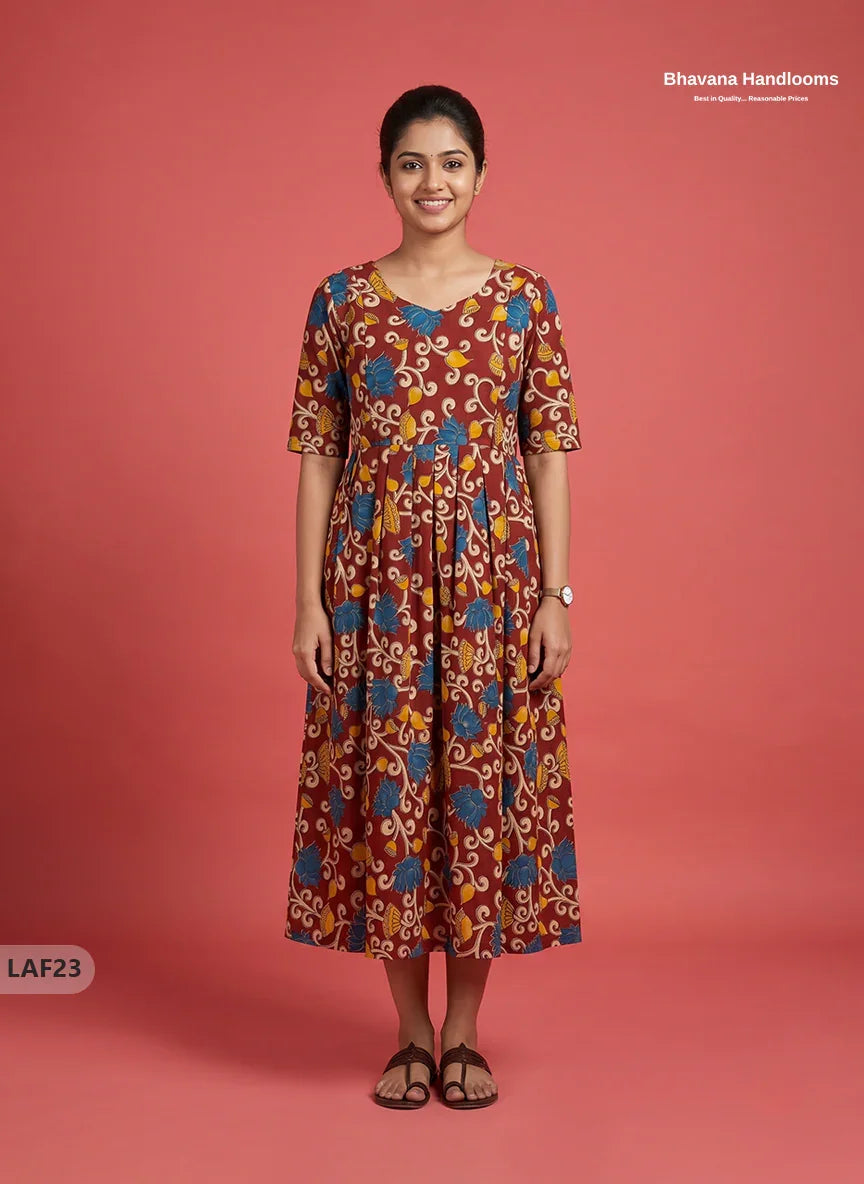 Feeding Frock with Kalamkari Design – Red Color | Invisible Zips | Half Lining Maternity Wearb