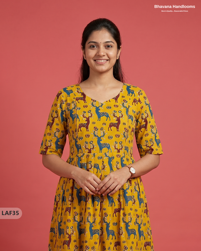 Feeding Frock with Kalamkari Design – Yellow Color | Invisible Zips | Half Lining Maternity Wear