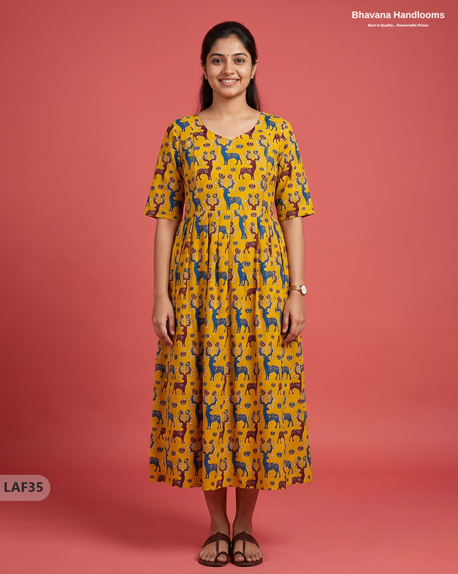 Feeding Frock with Kalamkari Design – Yellow Color | Invisible Zips | Half Lining Maternity Wear