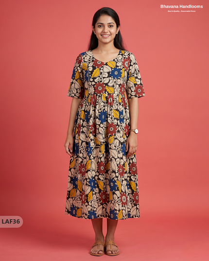 Feeding Frock with Kalamkari Design – Black Color | Invisible Zips | Half Lining Maternity Wearb