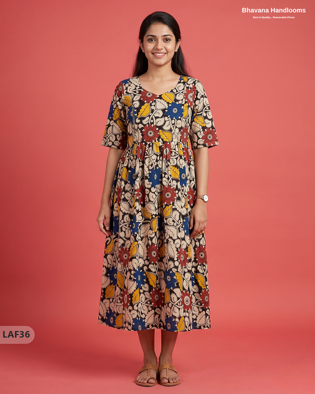 Feeding Frock with Kalamkari Design – Black Color | Invisible Zips | Half Lining Maternity Wearb