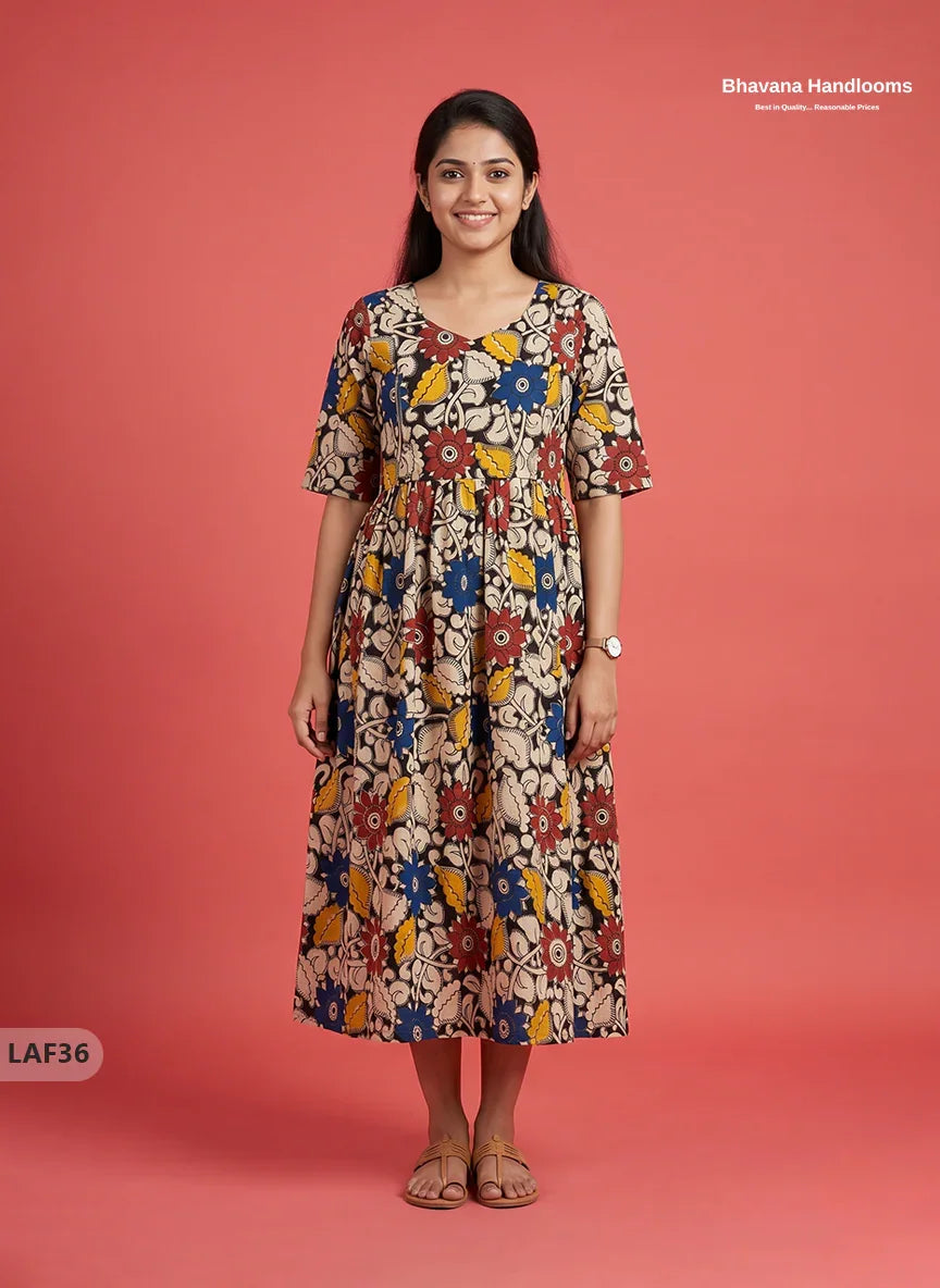 Feeding Frock with Kalamkari Design – Black Color | Invisible Zips | Half Lining Maternity Wearb