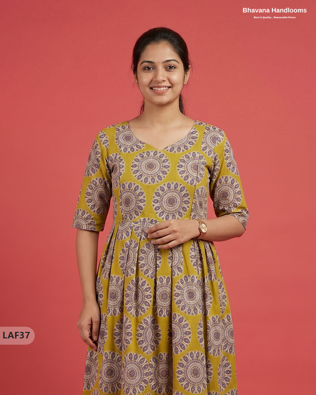 Feeding Frock with Kalamkari Design – Mustard yellow Color | Invisible Zips | Half Lining Maternity Wearb