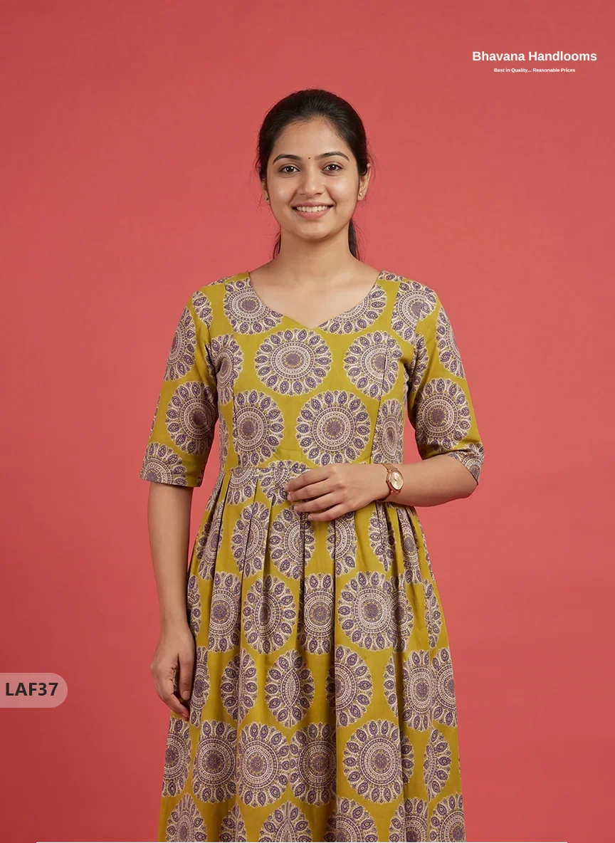 Feeding Frock with Kalamkari Design – Mustard yellow Color | Invisible Zips | Half Lining Maternity Wearb
