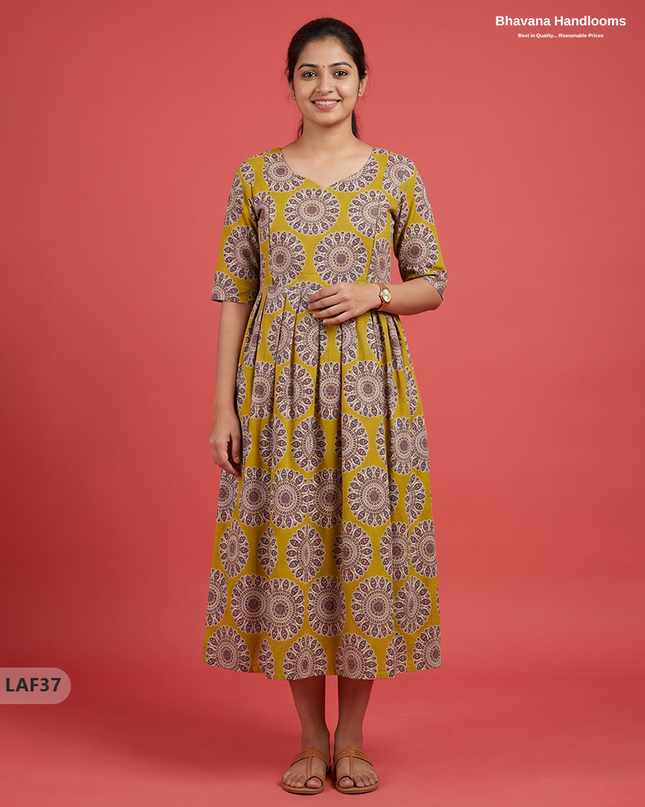 Feeding Frock with Kalamkari Design – Mustard yellow Color | Invisible Zips | Half Lining Maternity Wearb