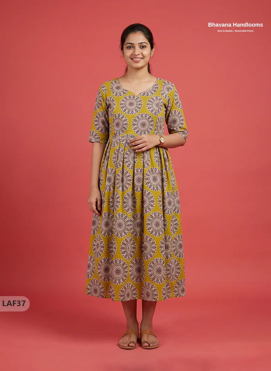 Feeding Frock with Kalamkari Design – Mustard yellow Color | Invisible Zips | Half Lining Maternity Wearb