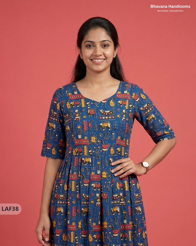 Feeding Frock with Kalamkari Design – Blue Color | Invisible Zips | Half Lining Maternity Wearb