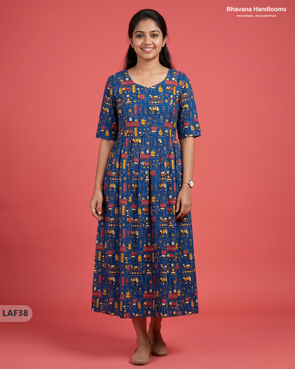 Feeding Frock with Kalamkari Design – Blue Color | Invisible Zips | Half Lining Maternity Wearb