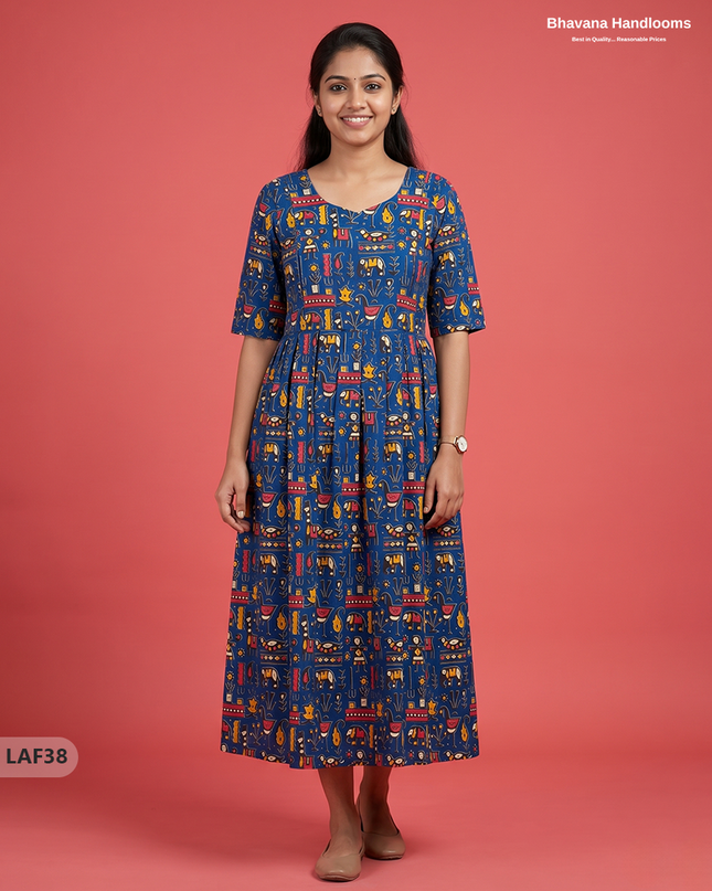 Feeding Frock with Kalamkari Design – Blue Color | Invisible Zips | Half Lining Maternity Wearb